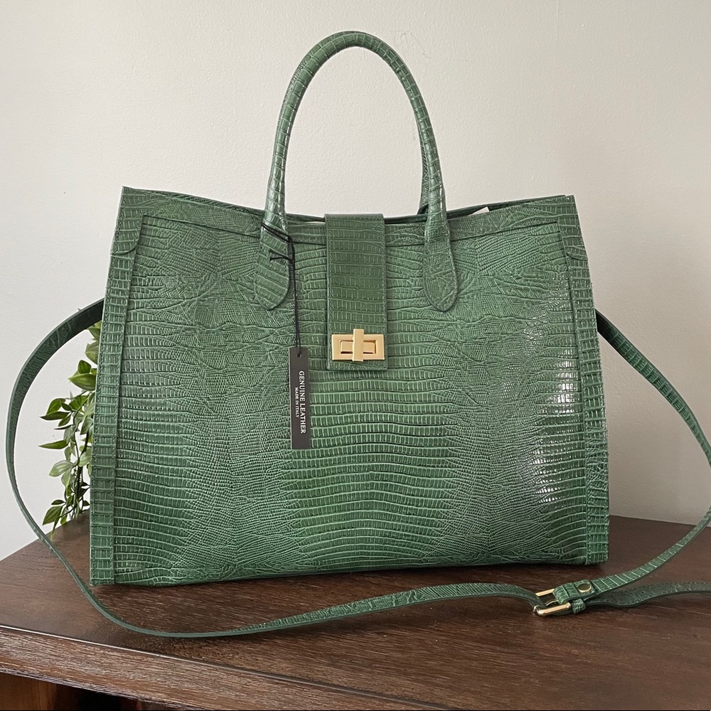 NWT Italian Green Leather Large Top Handle Bag
